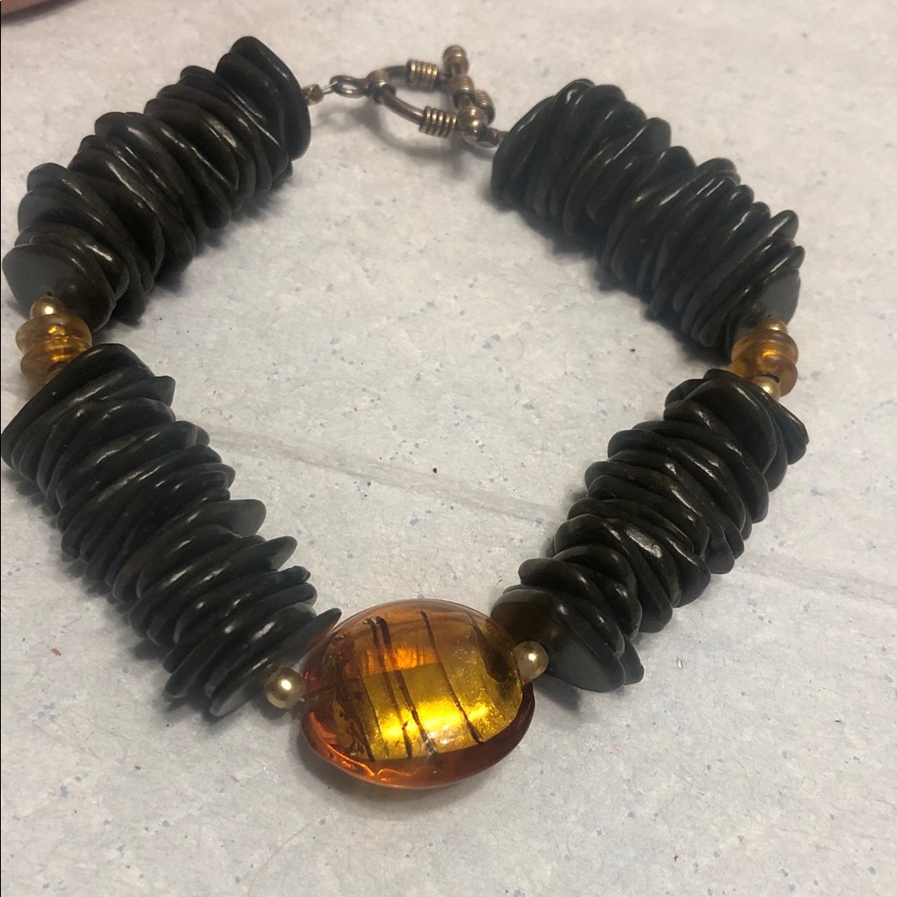 Vintage Black Stacked Bead Bracelet with Amber Focal Glass